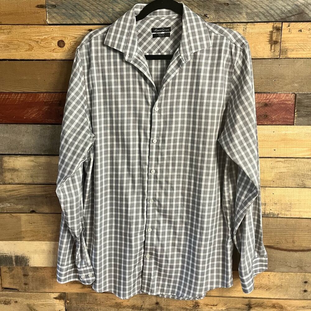 Kenneth Cole NY Slim Fit Gray‎ And White Plaid Button Down Size 15 1/2, 34/35